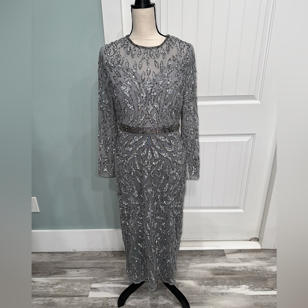 NWOT Mac Duggal Long Sleeve beaded sequins sheath midi cocktail dress size 10 - Picture 4 of 13